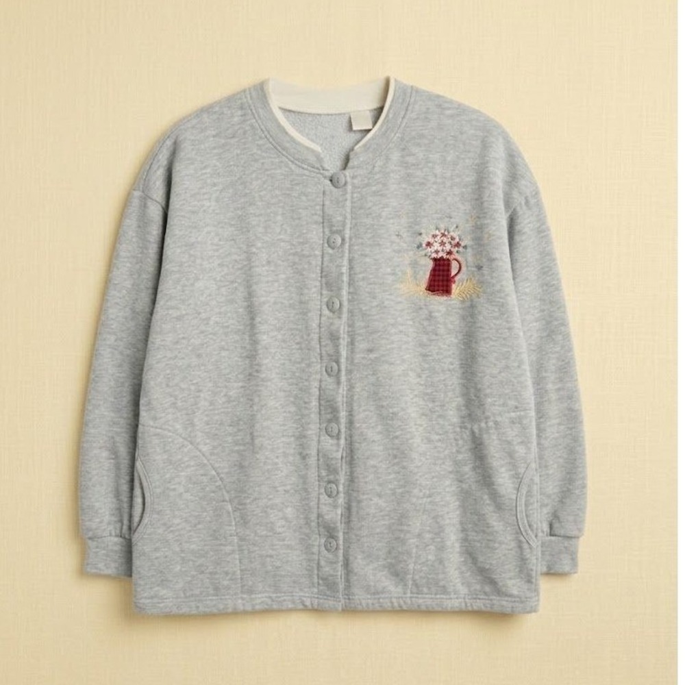 Bobbie Brooks Vintage Gray Embroidered Floral Sweatshirt XLarge Cottagecore